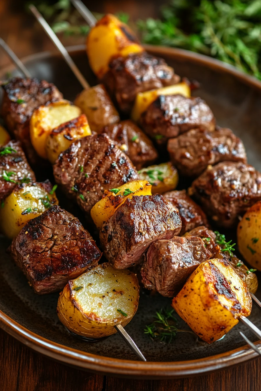 Close-up of steak and potato kabobs cooked in an air fryer, showcasing juicy steak pieces and golden potatoes.
