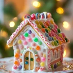 Close-up of a beautifully decorated sugar cookie house with colorful icing and candy details.