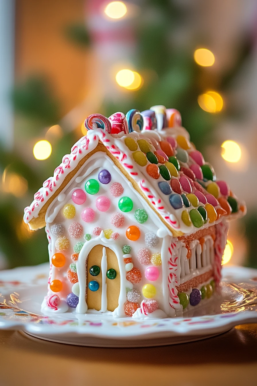 Close-up of a beautifully decorated sugar cookie house with colorful icing and candy details.
