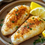 Close-up of tilapia cooked in air fryer with golden crispy texture on a clean white plate.