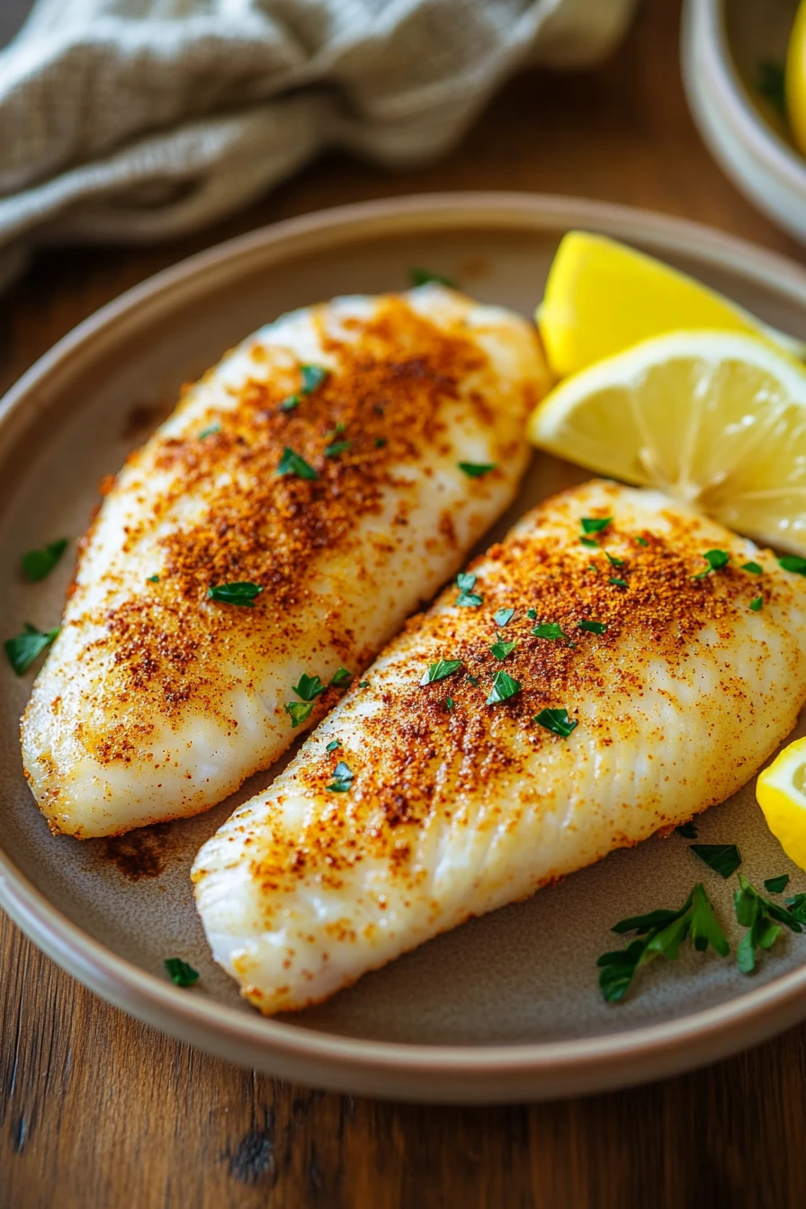 Close-up of tilapia cooked in air fryer with golden crispy texture on a clean white plate.