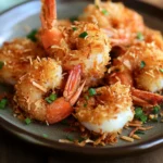 Close-up of Trader Joe's air fryer coconut shrimp with a crispy texture