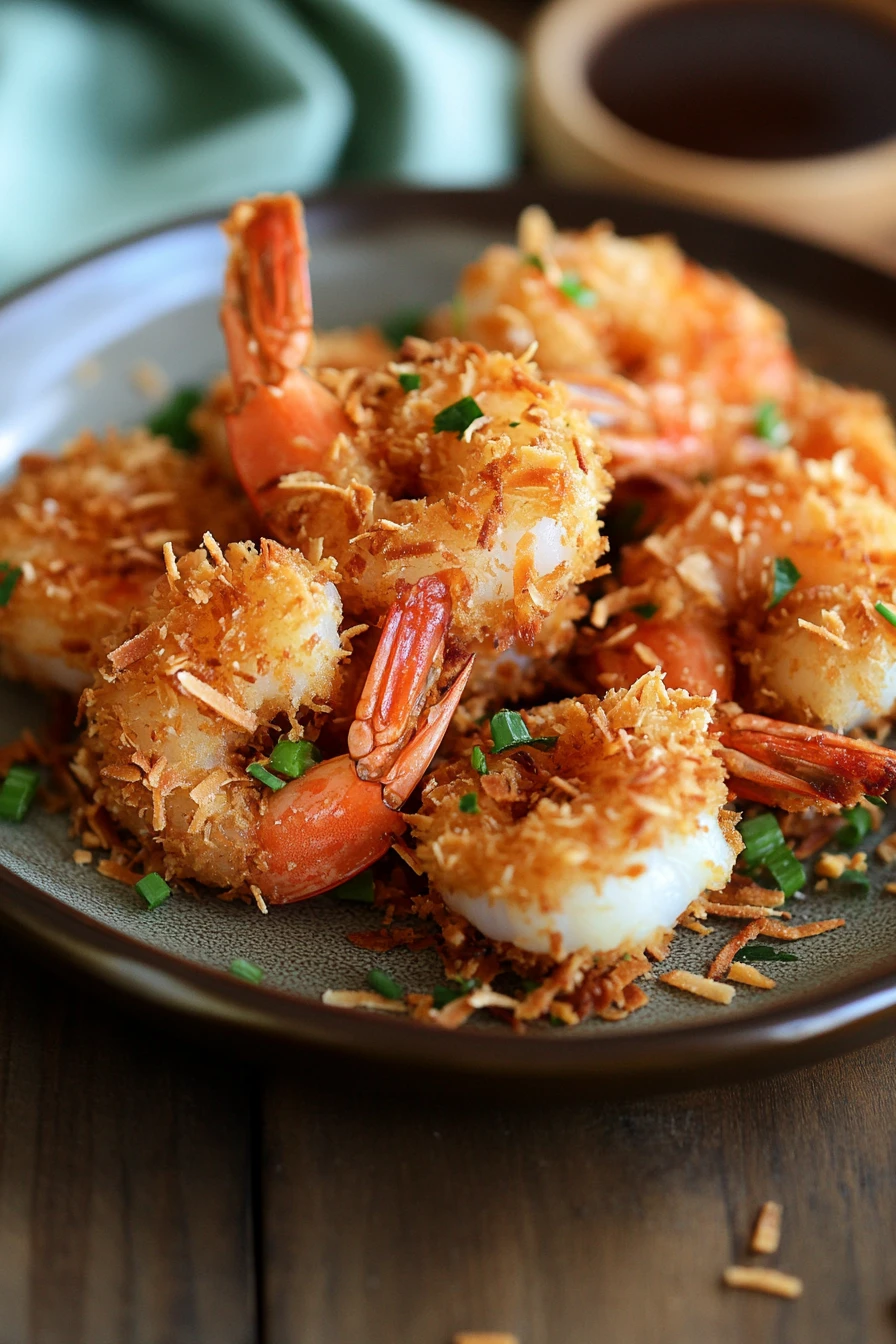 Close-up of Trader Joe's air fryer coconut shrimp with a crispy texture