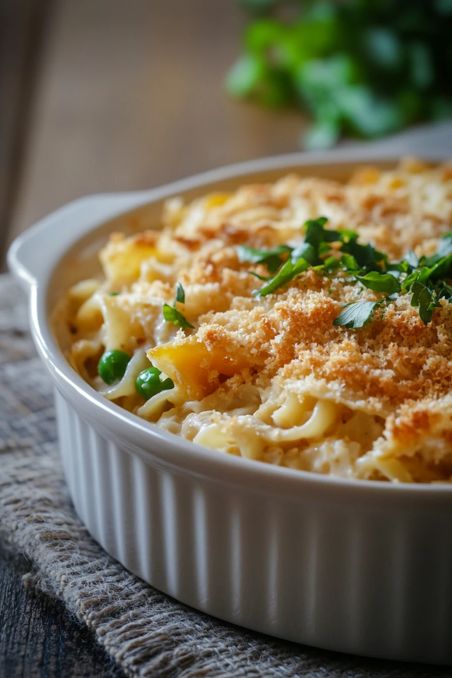 Close-up of a delicious tuna casserole with jalapeno, showcasing creamy textures and vibrant colors.