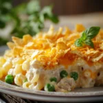 Close-up of a creamy tuna casserole with velveeta cheese, topped with melted cheese and breadcrumbs.