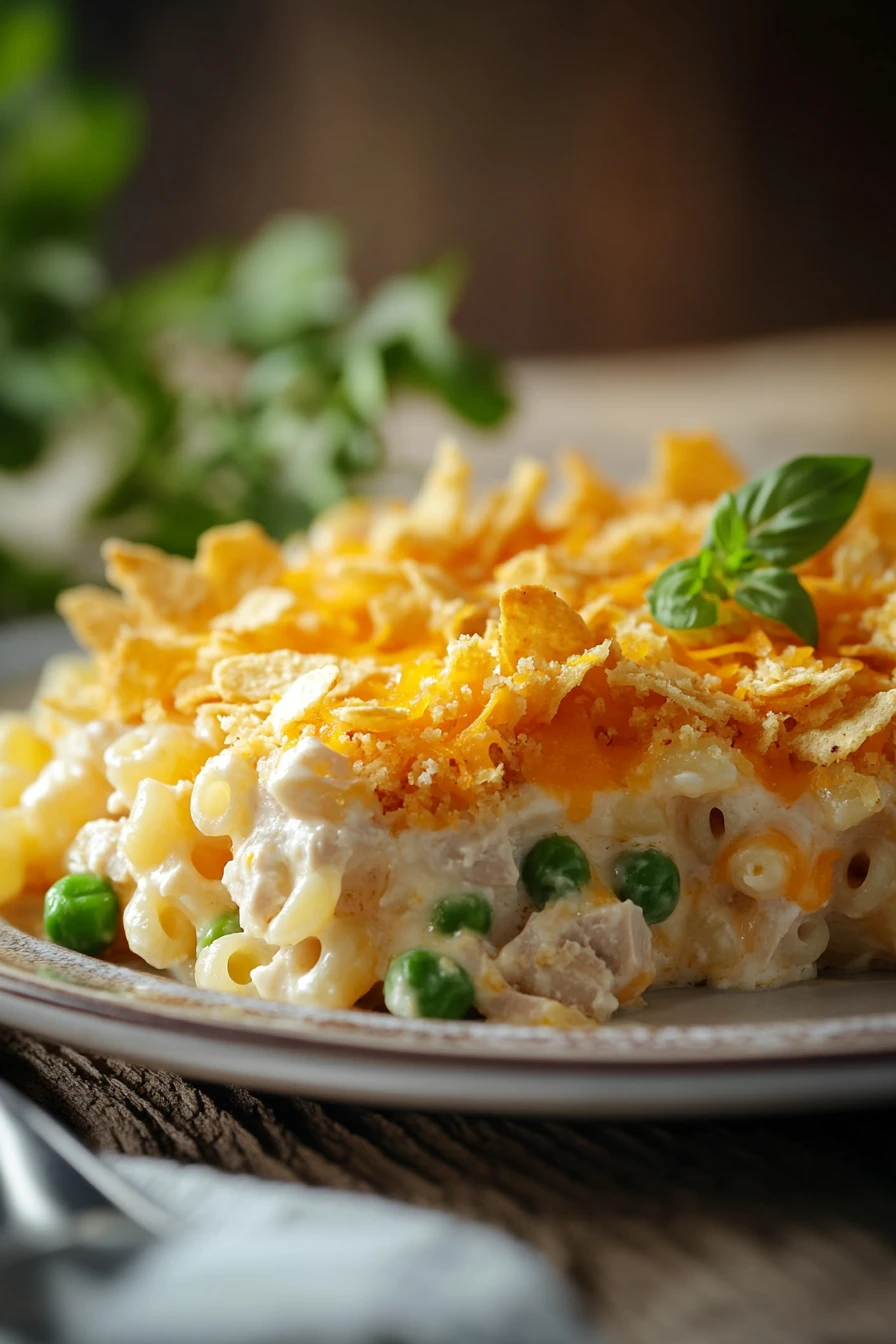 Close-up of a creamy tuna casserole with velveeta cheese, topped with melted cheese and breadcrumbs.