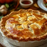Close-up of a turkey dinner leftover pie with golden crust and warm lighting