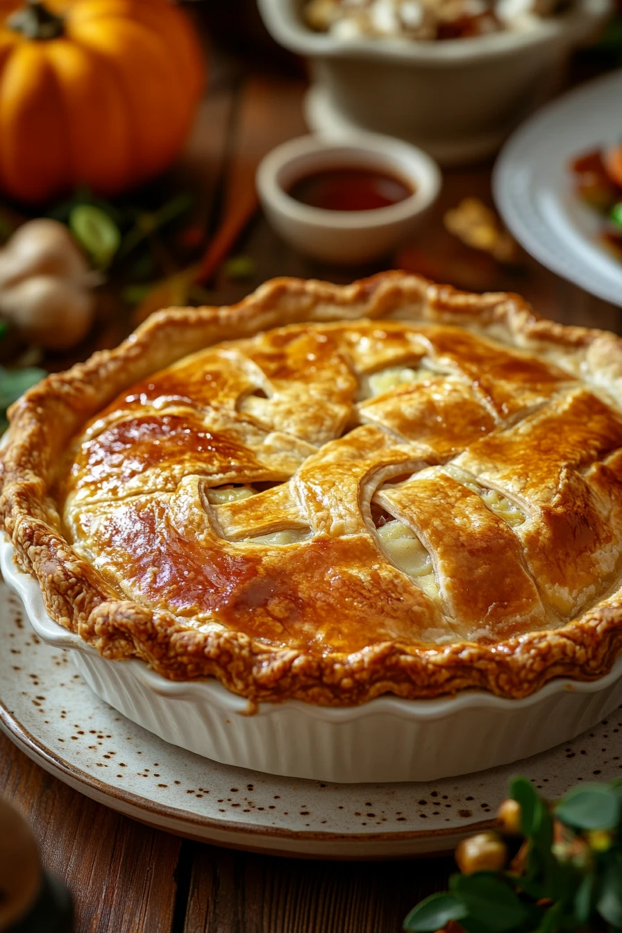 Close-up of a turkey dinner leftover pie with golden crust and warm lighting