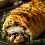 Close-up of a turkey dinner wellington with golden pastry and filling