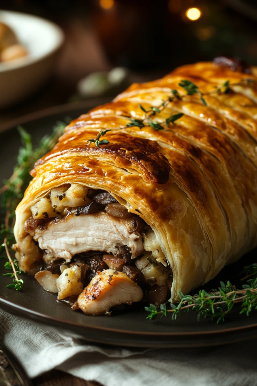 Close-up of a turkey dinner wellington with golden pastry and filling