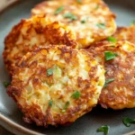 Close-up of vegan potato latkes cooked in an air fryer with a crispy texture.