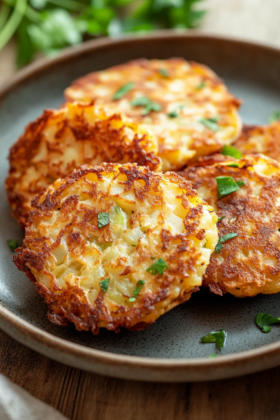 Close-up of vegan potato latkes cooked in an air fryer with a crispy texture.