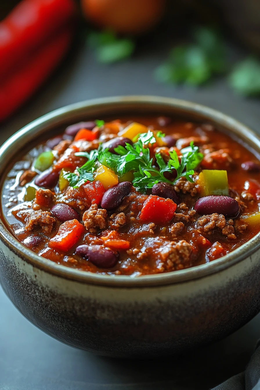 Venison Chili Slow Cooker to Warm Up a Chilly Evening 2 Close-up of venison chili in a slow cooker with beans and spices