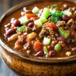 Close-up of Wendy's copycat chili in the slow cooker with beans and meat