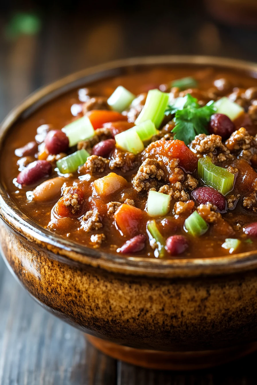 Close-up of Wendy's copycat chili in the slow cooker with beans and meat