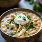 Close-up of white chicken chili in a slow cooker with creamy sauce and Greek yogurt