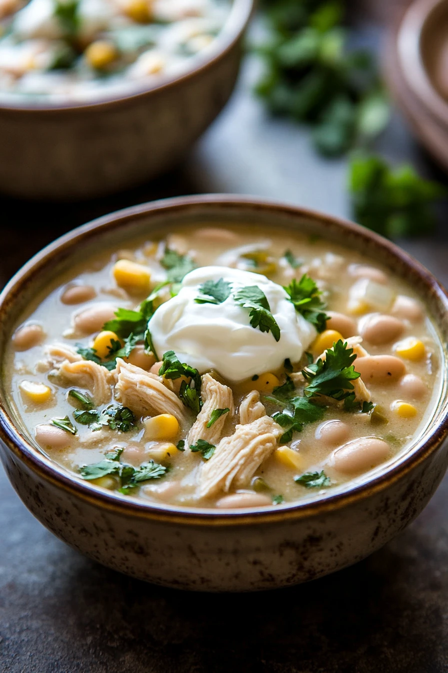 Close-up of white chicken chili in a slow cooker with creamy sauce and Greek yogurt