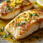 Close-up of a delicious white fish dish with bright, natural lighting and clean background.