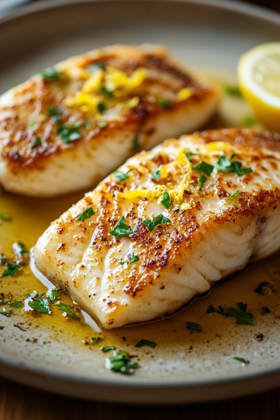 Close-up of a delicious white fish dish with bright, natural lighting and clean background.