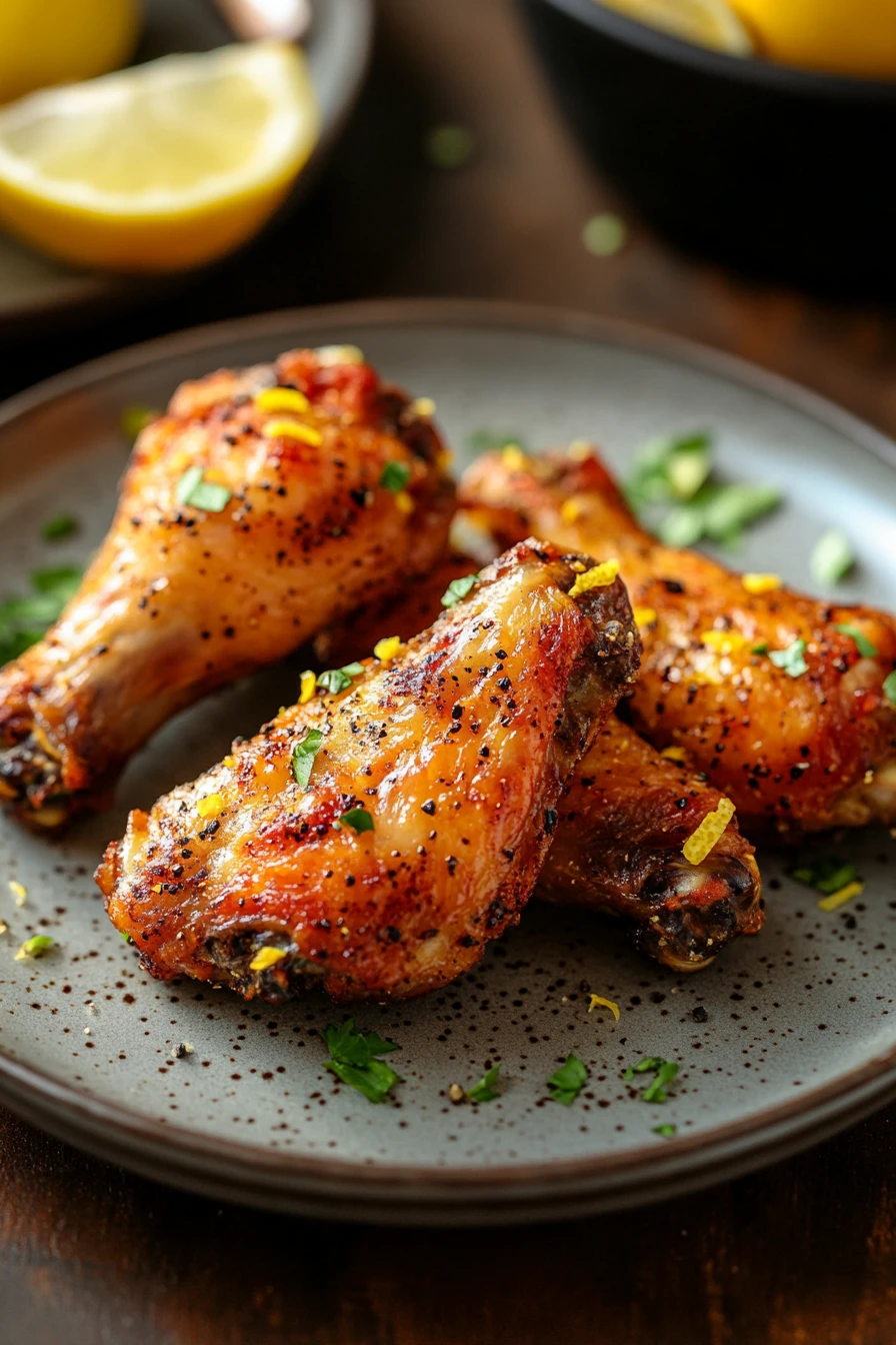 Close-up of crispy lemon pepper wings cooked in an air fryer, garnished with lemon slices.