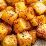 Golden yellow potatoes cooked in an air fryer with crispy texture and bright lighting.