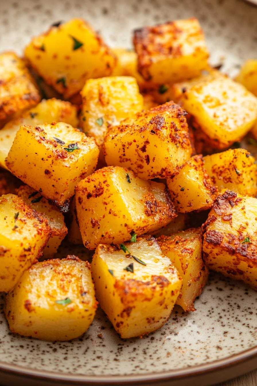 Golden yellow potatoes cooked in an air fryer with crispy texture and bright lighting.