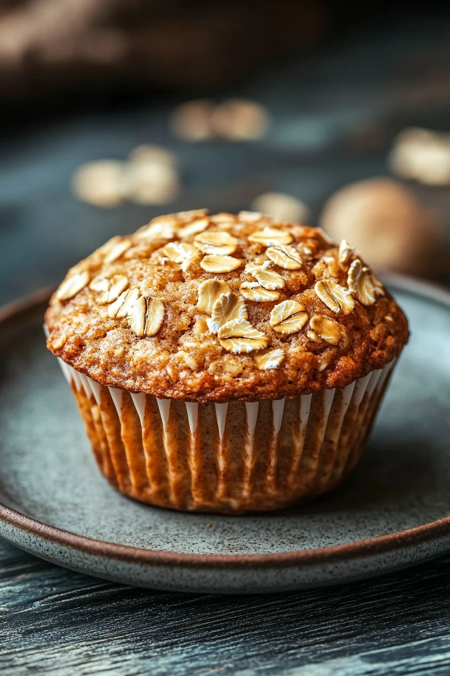 Close-up of yogurt oatmeal muffin with a golden-brown top and soft texture