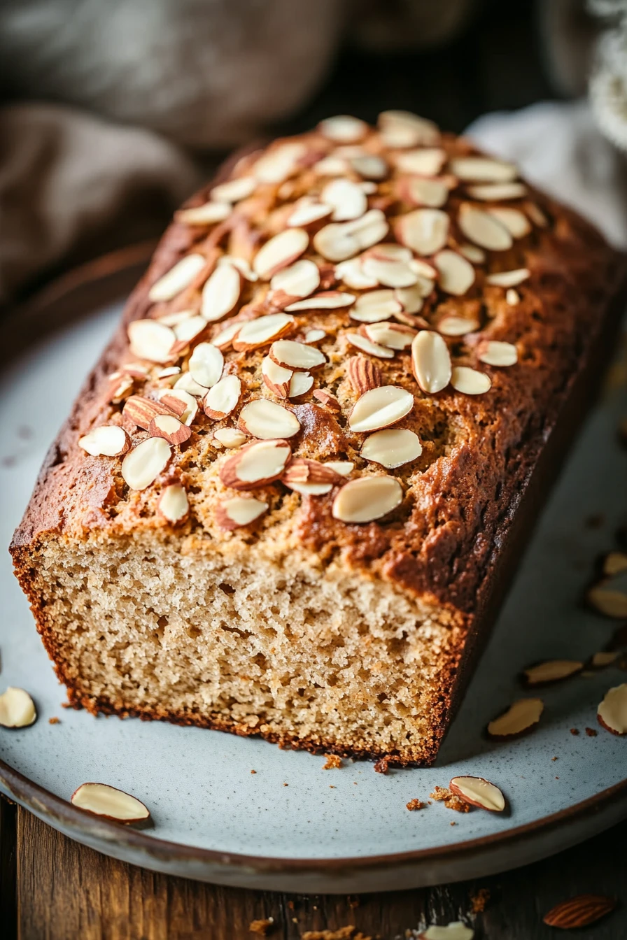 Close-up of zucchini almond bread with a golden crust and almond slices on top