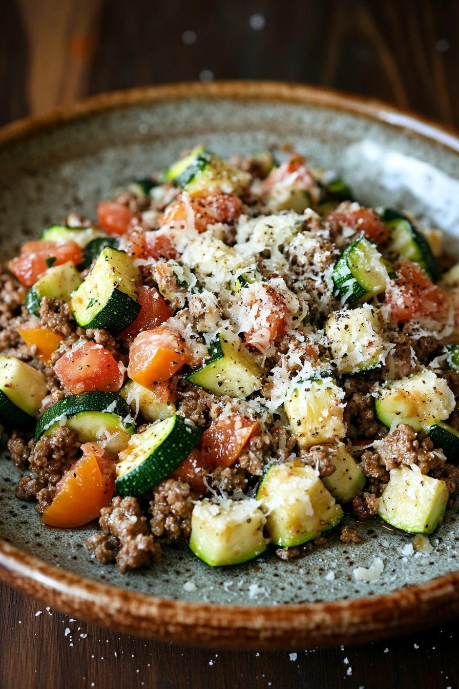 Zucchini and Ground Beef Dinner for Those Cozy Weeknight Cravings 2 Close-up of a zucchini and ground beef dinner with bright lighting and minimal background
