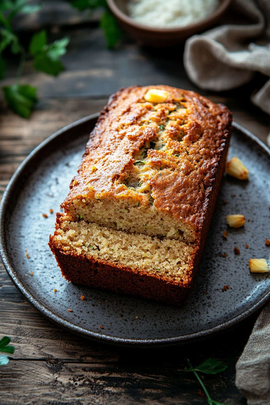 Close-up of zucchini bread with pineapple, showcasing a moist texture and golden crust.