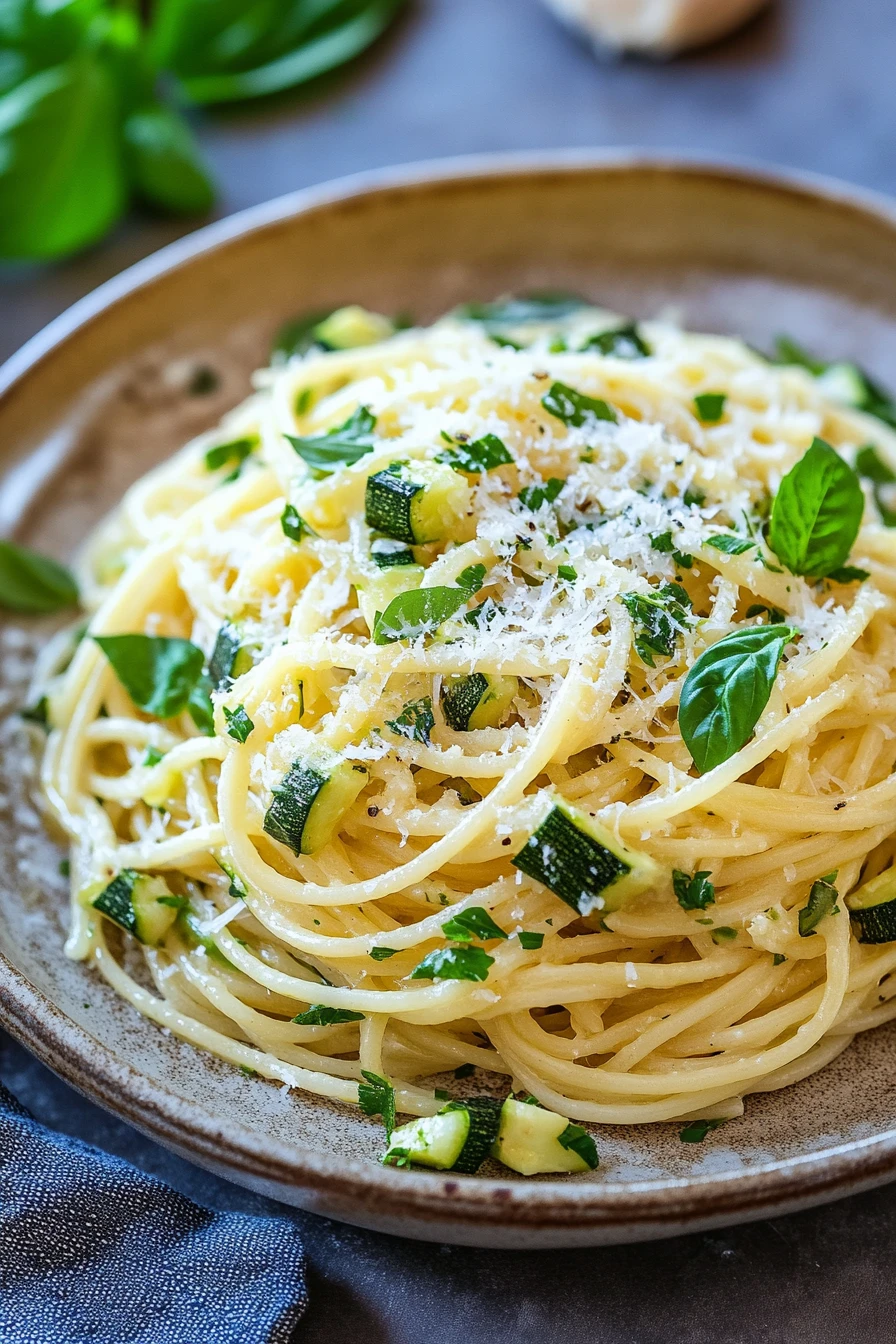 Close-up of zucchini pasta dinner with bright natural lighting and clean background